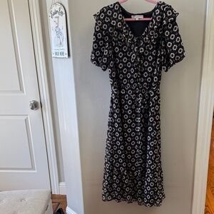 LOFT Black and Cream Patterned Midi Dress